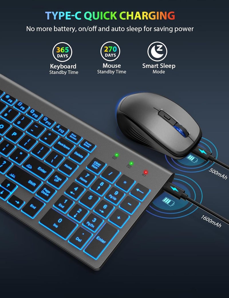 SABLUTE Wireless Keyboard and Mouse Combo Backlit - Compact Quiet Keyboard with RGB Mouse, Rechargeable, Slim, Sleep Mode, Portable Cordless Keyboard Mouse Set for Mac, Windows, Laptop (Space Gray) - Image 4
